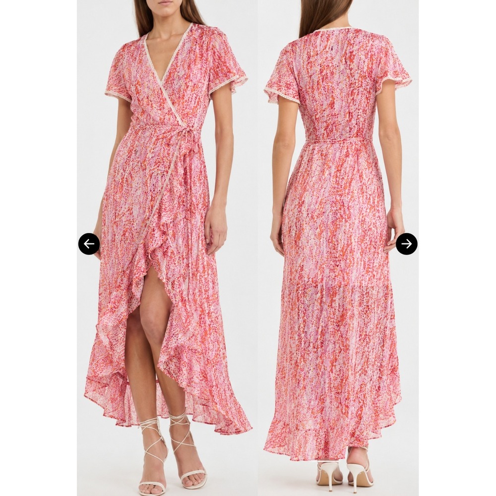 Poupette St Barth Joe Pink Papillion Floral Maxi Wrap Dress S $400